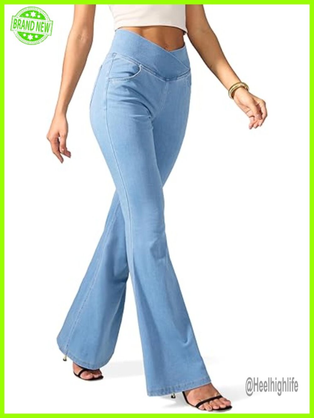 Crossover High Waisted Bell Bottom Flare Jeans with Pockets Stretchy Yoga Pants